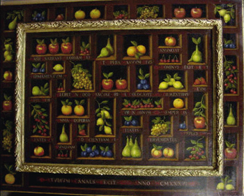 Lot image - Manner of Miguel Canals Spanish, 20th century FRUIT ON SHELVES Inscribed and dated STVDIVM CANALS FECIT ANNO MCMXXXVI Oil on c
