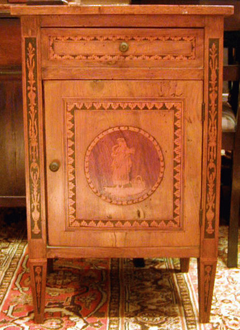 Lot image - Pair of Continental Neoclassical Inlaid Walnut Bedside Cupboards