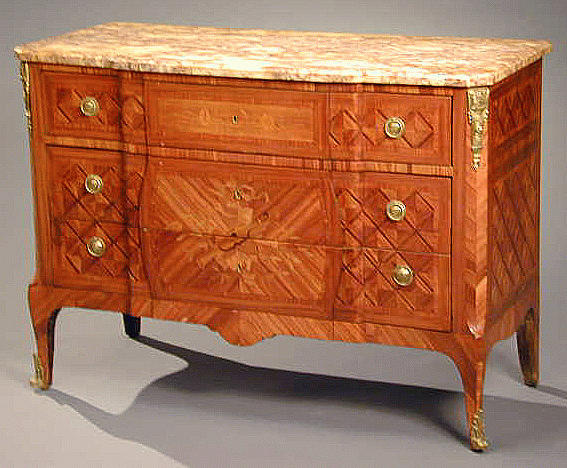 Lot image - Louis XV/XVI Gilt-Bronze Mounted Tulipwood Marquetry Commode