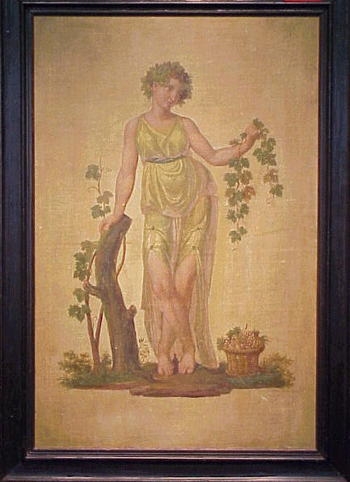 Lot image - Italian School 19th Century NUDE MALE WITH LYRE and WOMAN WITH GRAPEVINES (AFTER POMPEIAN MURALS): PAIR Oils on canvas...