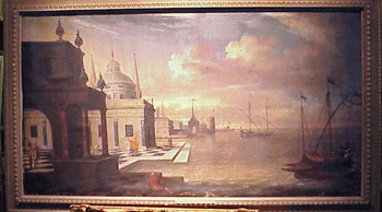 Lot image - Venetian School VENETIAN PORT SCENE Oil on canvas 57 x 30 3/4 inches (144.8 x 78.1 cm.)