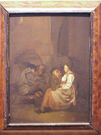 Lot image - Attributed to Cornelis Bega TAVERN INTERIOR Oil on oak panel 15 1/2 x 11 inches (39.4 x 28 cm.)  Provenance: Gal...