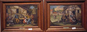 Lot image - Circle of Emanuel Murant TRAVELING SPECTACLE SELLER and TAVERN BRAWL: PAIR Both initialed (ll) and (lr) Oil on copper.