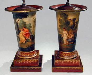Lot image - Pair of Neoclassical Style Tole Peinte Urns