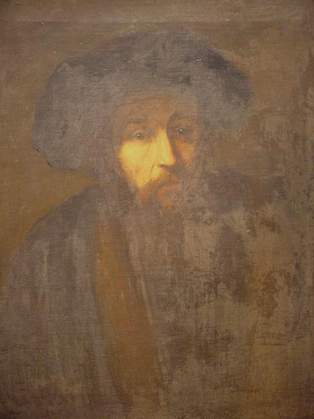 Lot image - After Rembrandt PORTRAIT OF A RABBI Oil on canvas 26 x 23 inches (66 x 58.4 cm.)  This work repeats the compositio...