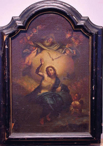 Lot image - Continental School 17th Century HOLY TRINITY Oil on canvas 25 1/2 x 17 inches (64.7 x 43.2 cm.), in an arched frame...