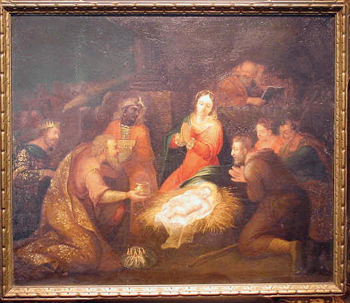 Lot image - Flemish School 17th Century ADORATION Oil on canvas 29 x 34 3/4 inches (73.6 x 88.3 cm.)...