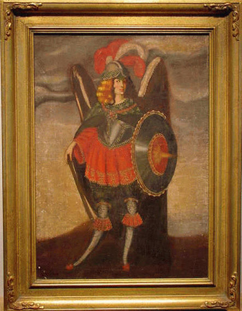 Lot image - Spanish Colonial School 19th Century THE ARCHANGELS: RAPHAEL and MICHAEL: PAIR Oils on canvas laid to board 27 1/2 x...