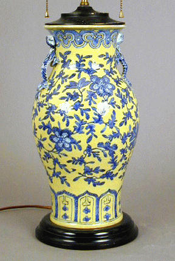 Lot image - Two Chinese Blue and White Underglaze Yellow-Ground Porcelain Vases