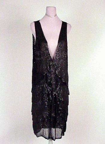 Lot image - Black Chiffon Beaded Chemise Dress Probably French, 1920s