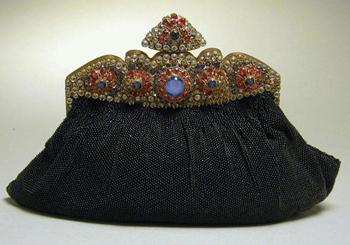 Lot image - Hobe Black Beaded Evening Clutch with Elaborate Multicolored Jewel Frame