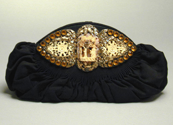 Lot image - Black Grosgrain Evening Clutch with Faux Jade Chinoiserie Carving, Citrine and Gilt-Metal Accents