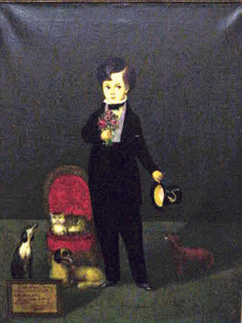 Lot image - Horacio Mexican, 1912-1972 YOUNG GENTLEMAN WITH DOGS AND CAT Signed Horacio and inscribed (ll) Oil on canvas