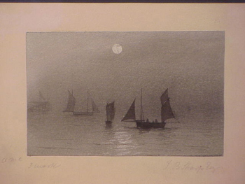 Lot image - J.B. Sharpley 19th Century MOONLIGHT SAILING Name of artist inscribed on mat Gray wash heightened with white on blue...