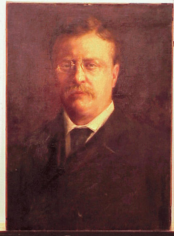 Lot image - Circle of Thomas Eakins 20th Century PORTRAIT OF THEODORE ROOSEVELT Oil on canvas 26 3/4 x 19 1/4 inches