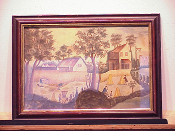 Lot image - British School 18th Century HARVESTING IN THE COLONIAL DAYS, circa 1750 Titled and dated on an old label affixed...