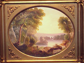 Lot image - American School 19th Century HUDSON RIVER LANDSCAPE Initialed and dated C.A.H./1855 (ll) Oil on canvas in a painted oval 18 x