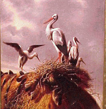 Lot image - American School 19th Century GREAT WHITE HERONS NESTING Initialed and dated C.J. 1880 on back of stretcher Oil on canvas 14 x