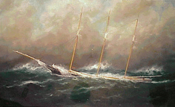Lot image - William Pierce Stubbs 1842 - 1909 THE THREE-MASTED SCHOONER ZACHEUS SHERMAN IN ROUGH SEAS