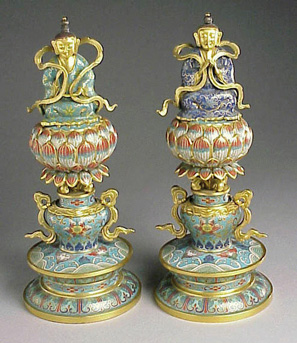 Lot image - Pair of Cloisonne and Gilt-Copper Altar Standards Qianlong Period