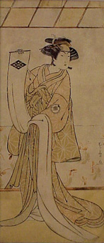 Lot image - Katsukawa Shunsho. Hosoban of Iwai Hanshiro IV in an onnagata role; fair impression and state, poor color; framed.  Ex