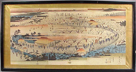 Lot image - Hiroshige. Oban tate-e triptych, Toto Meisho., Kamedo umeya hozen dzu; moderately good impression and state, sli...