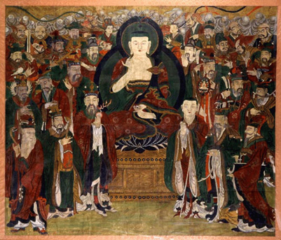 Lot image - Framed Painting of Buddha with Attendants, Luohan and Protective Divinities
