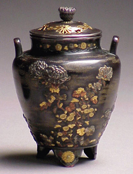 Lot image - Japanese Silver Mounted Soft Metal Miniature Shakudo Vase and Cover