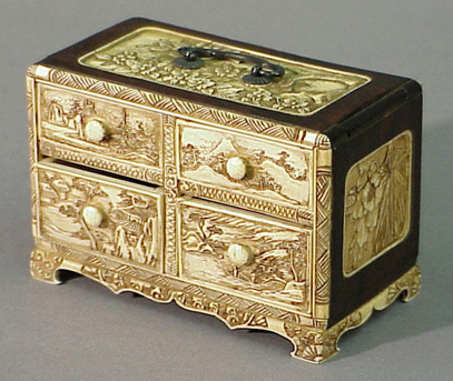 Lot image - Japanese Ivory Inlaid Miniature Hardwood Cabinet