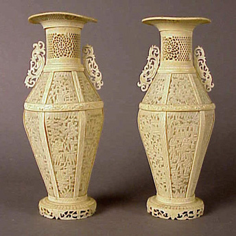Lot image - Pair of Export Pierced and Carved Ivory Vases