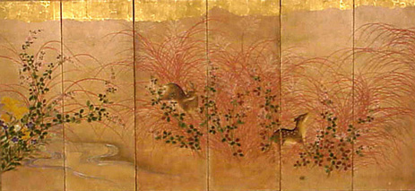 Lot image - Good Six-Fold Screen of a Pair of Deer in Autumn Grasses