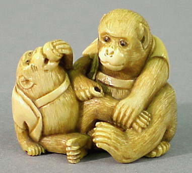 Lot image - Ivory Netsuke of Two Sarumawashi Monkeys