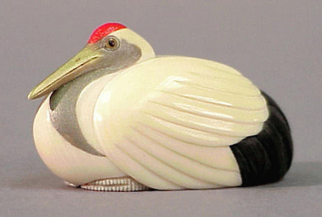 Lot image - Japanese Ebony and Colored Ivory Model of a Manchurian Crane