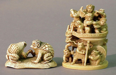 Lot image - Ivory Okimono of a Festival Cart and a Small Carving
