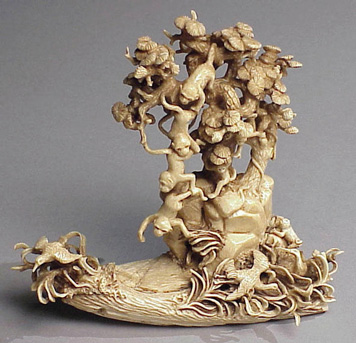Lot image - Large Ivory Sectional Okimono of Monkeys in a Tree with Rockwork
