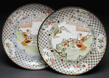 Lot image - Rare Pair of European Subject, Painted Enamel Dishes