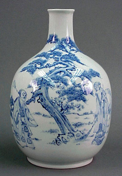 Lot image - Hirado Blue and White Bottle with Jo and Uba 19th Century