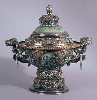 Lot image - Mongolian Style Silver and Jade-Mounted Koro and Cover Early 20th century