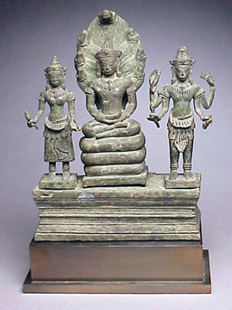 Lot image - Khmer Bronze Group of the Mahayana Trinity, Muchalinda Buddha, Prajnaparamita and Avalokitesvara Circa 13th century