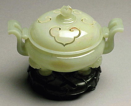 Lot image - Fine Pale Green Jade Covered and Pierced Imperial Tripod Incense Burner