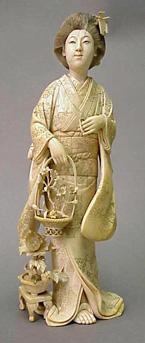 Lot image - Large Ivory Figure of a Bijin with Basket of Flowers