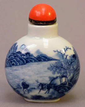 Lot image - Delicately Painted Blue and White Porcelain Snuff Bottle