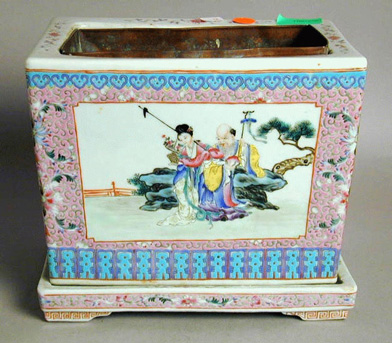 Lot image - Pair of Chinese Famille Rose Porcelain Jardinieres on Stands