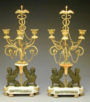 Lot image - Pair of Louis XVI Gilt and Patinated-Bronze and Marble Three-Light Candelabra