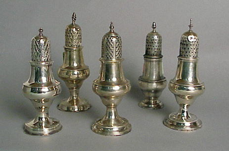 Lot image - Assembled Group of Five George III Silver Pepper Shakers