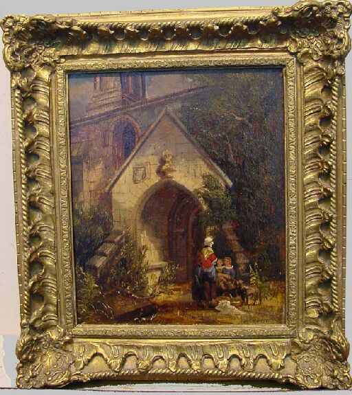 Lot image - Attributed to John Crome FIGURES BEFORE A CHAPEL