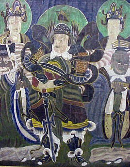 Lot image - Framed Korean Painting on Silk of a Lokapala and Attendants Late Choson Dynasty