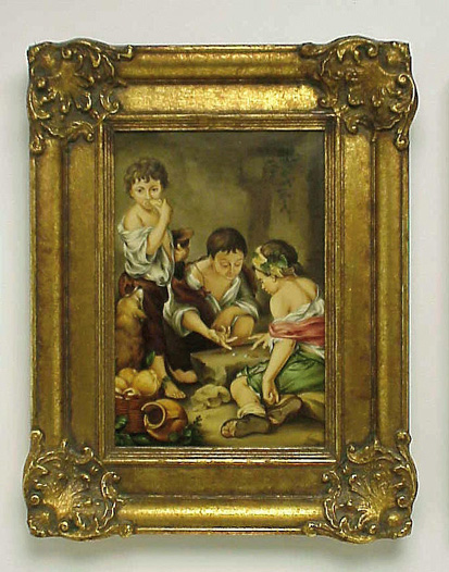 Lot image - Two Framed Continental Porcelain Plaques  Each depicting scenes of children eating fruit or playing dice.