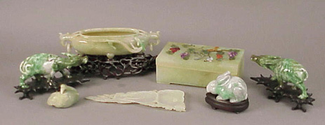Lot image - Group of Six Hardstone Articles and a Group of Chinese Cloth Covered Storage Boxes