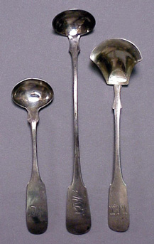 Lot image - Group of Six Coin Silver Mustard Ladles and Caddy Spoons